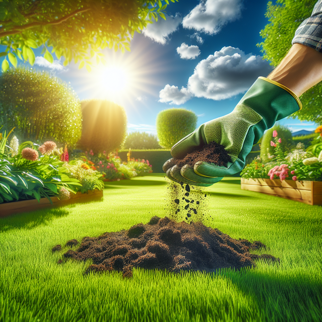 A lush green lawn being treated with organic compost by a gardener's gloved hand.