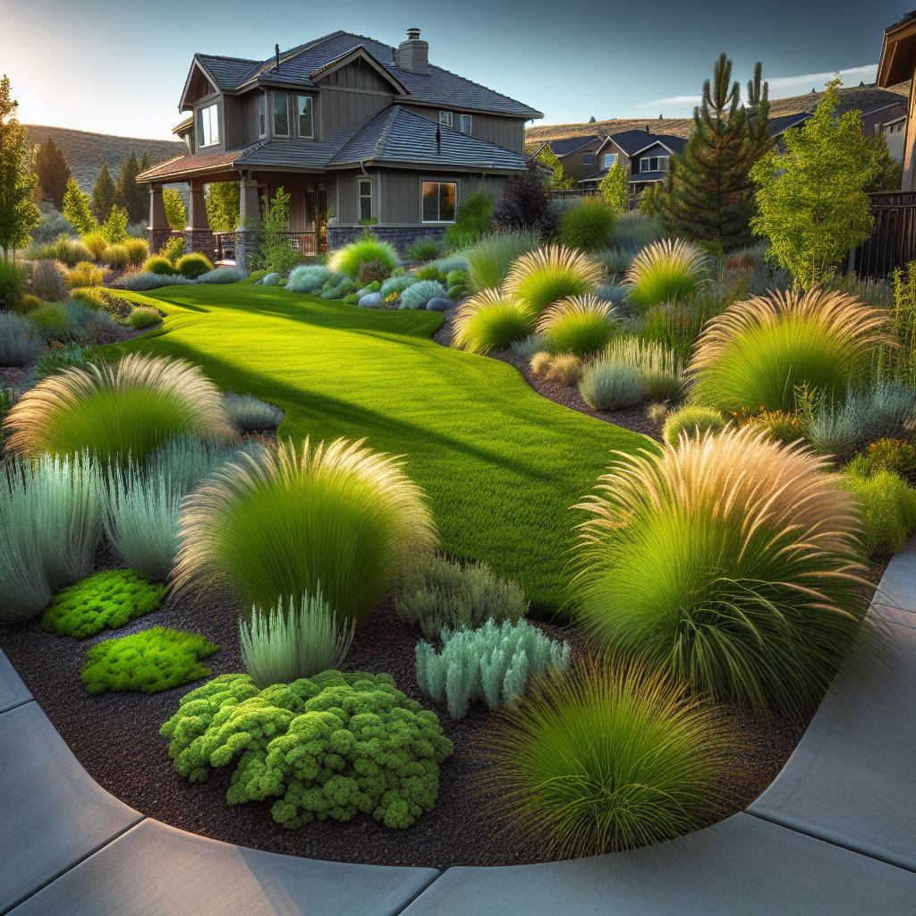 A well-maintained drought-tolerant lawn in Eagle, Idaho, featuring resilient plants thriving with minimal water.