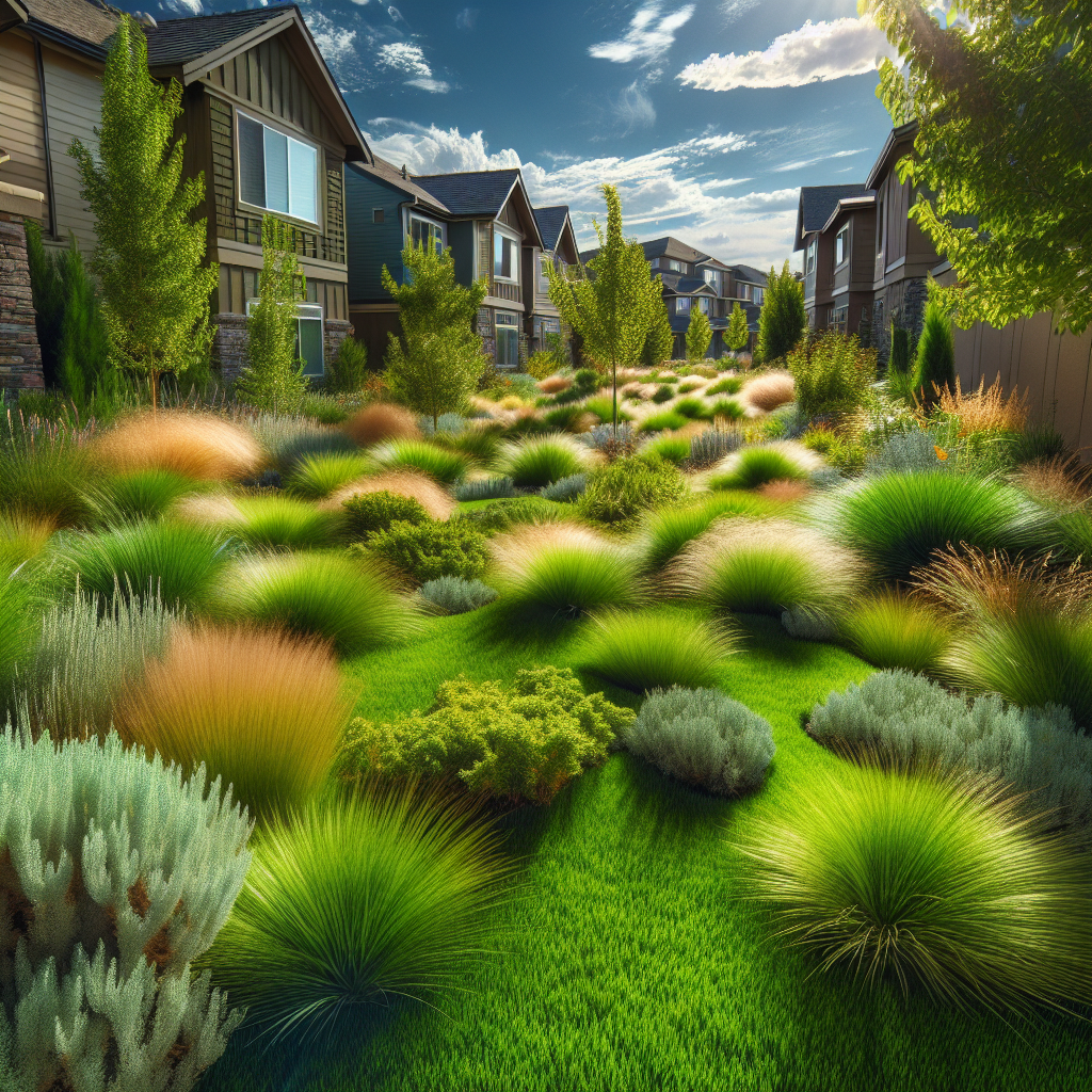 A lush, green drought-tolerant lawn in a residential area of Eagle, Idaho, under sunny skies.