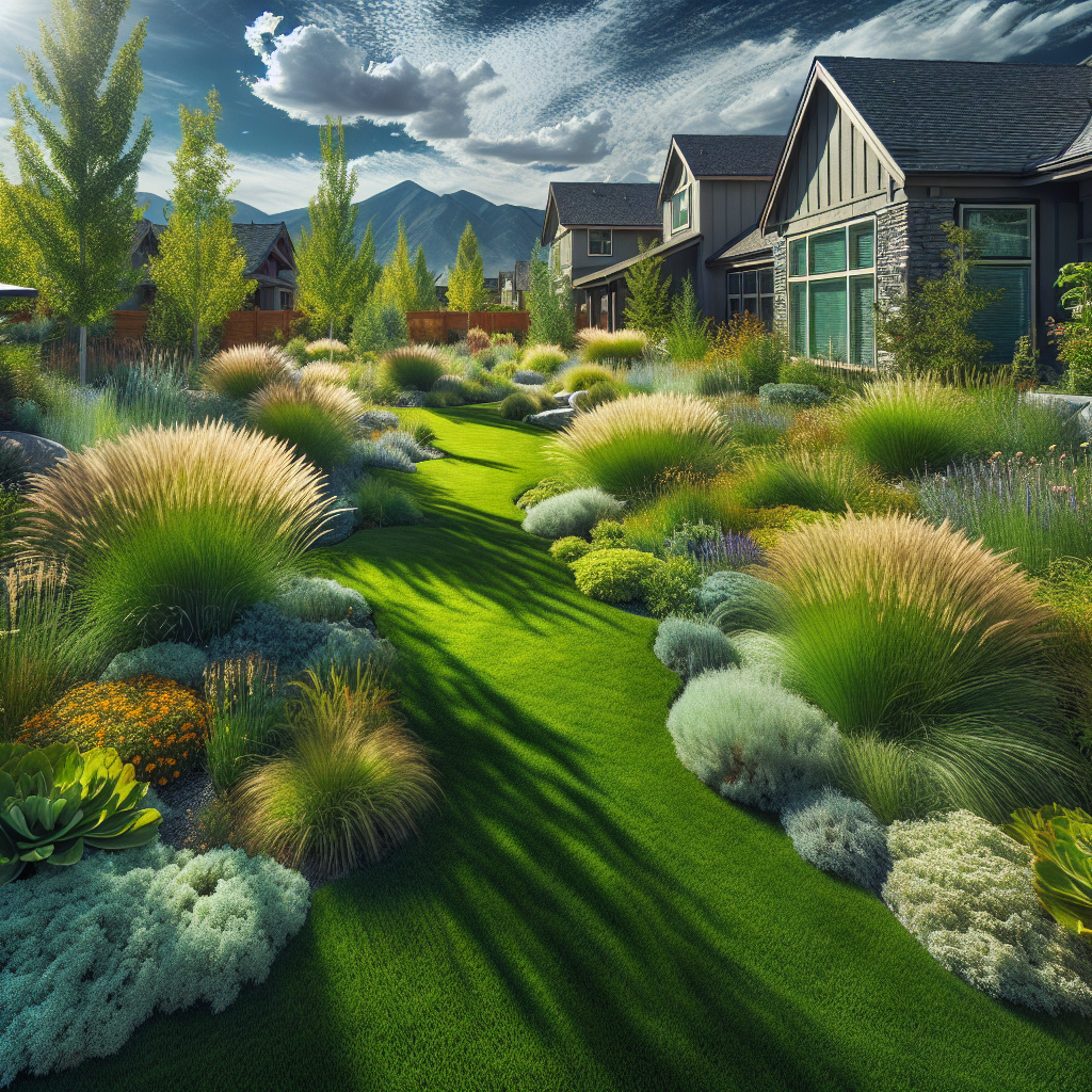 A drought-tolerant lawn in Eagle, Idaho, with resilient grasses and plants, framed by a modern suburban house.