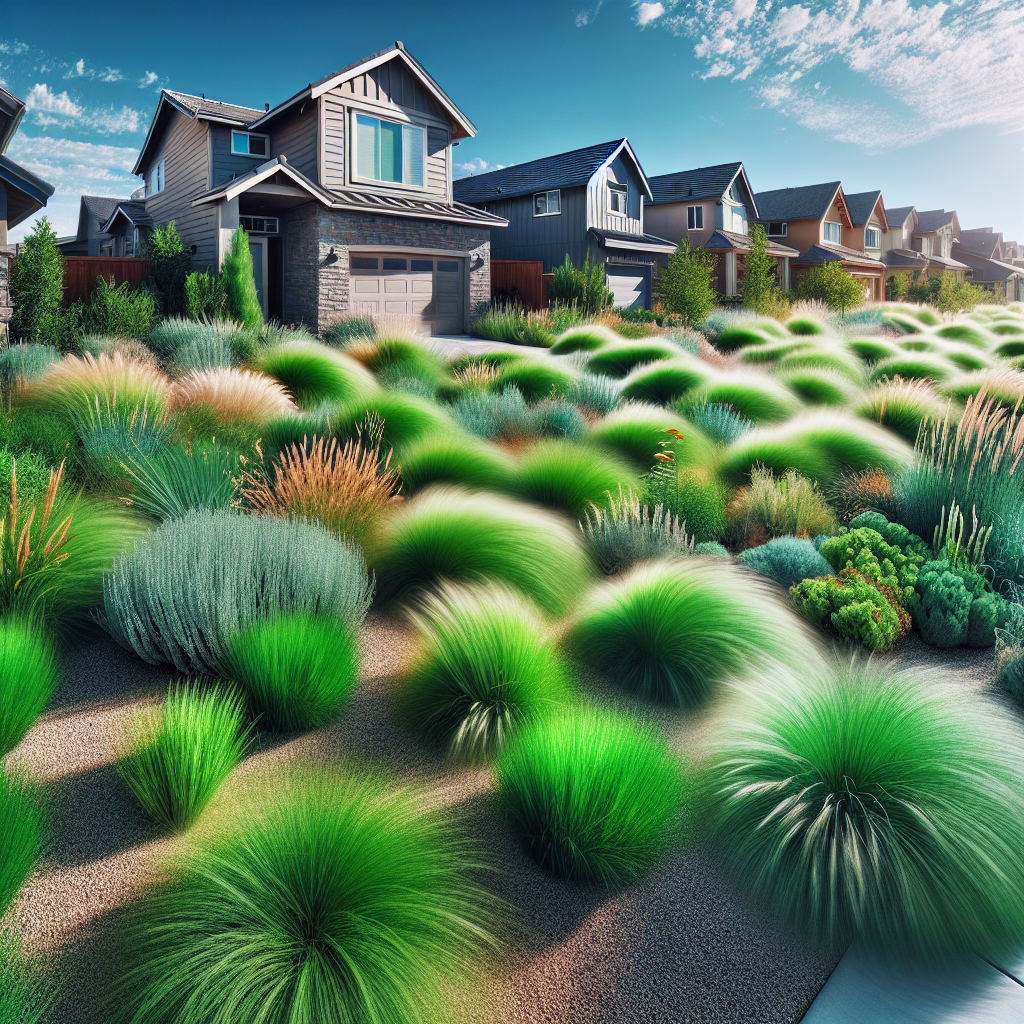 A lush drought-tolerant lawn in a suburban neighborhood in Eagle, Idaho.