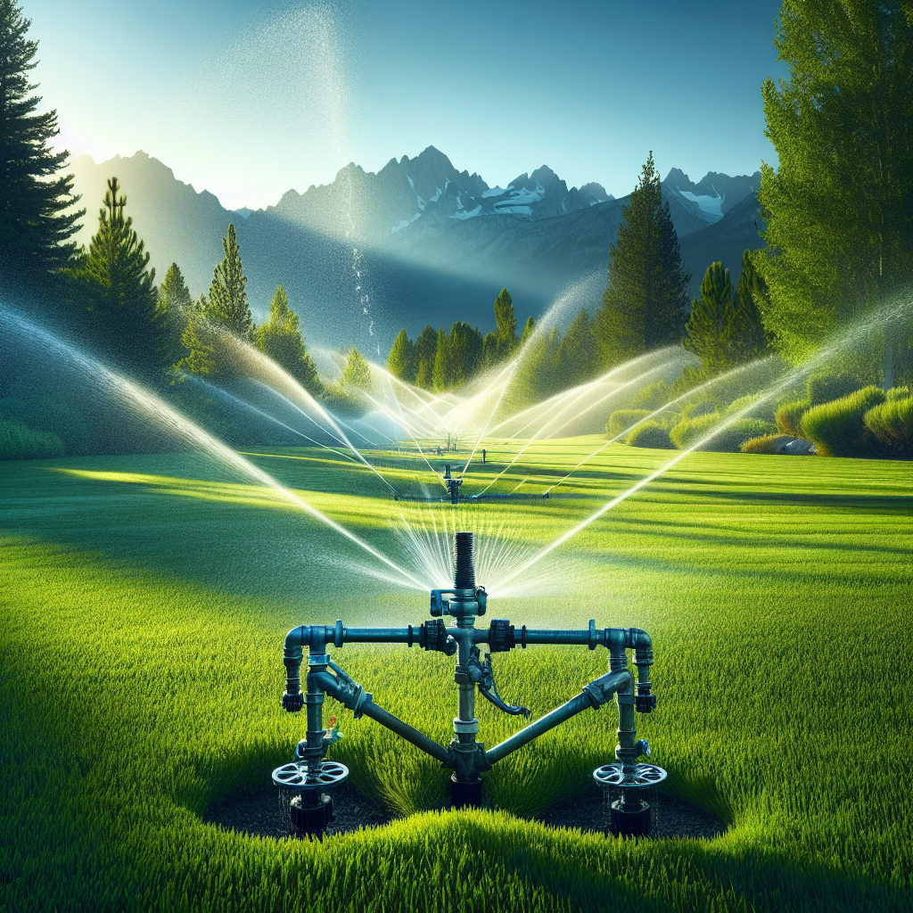 An irrigation system maintaining a green lawn in Eagle, Idaho, with sprinklers spraying water.