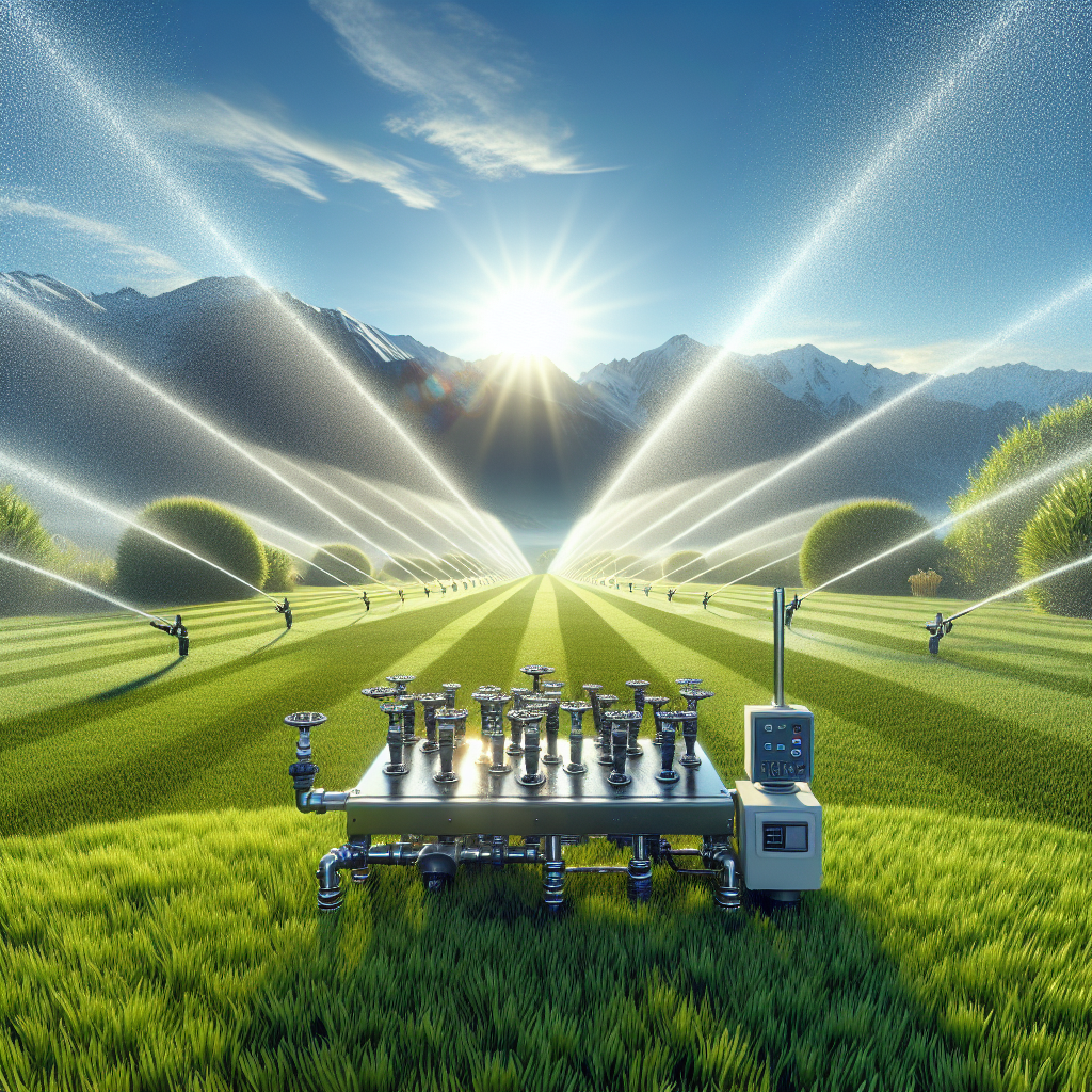 A modern irrigation system watering a lush green lawn under a clear blue sky.