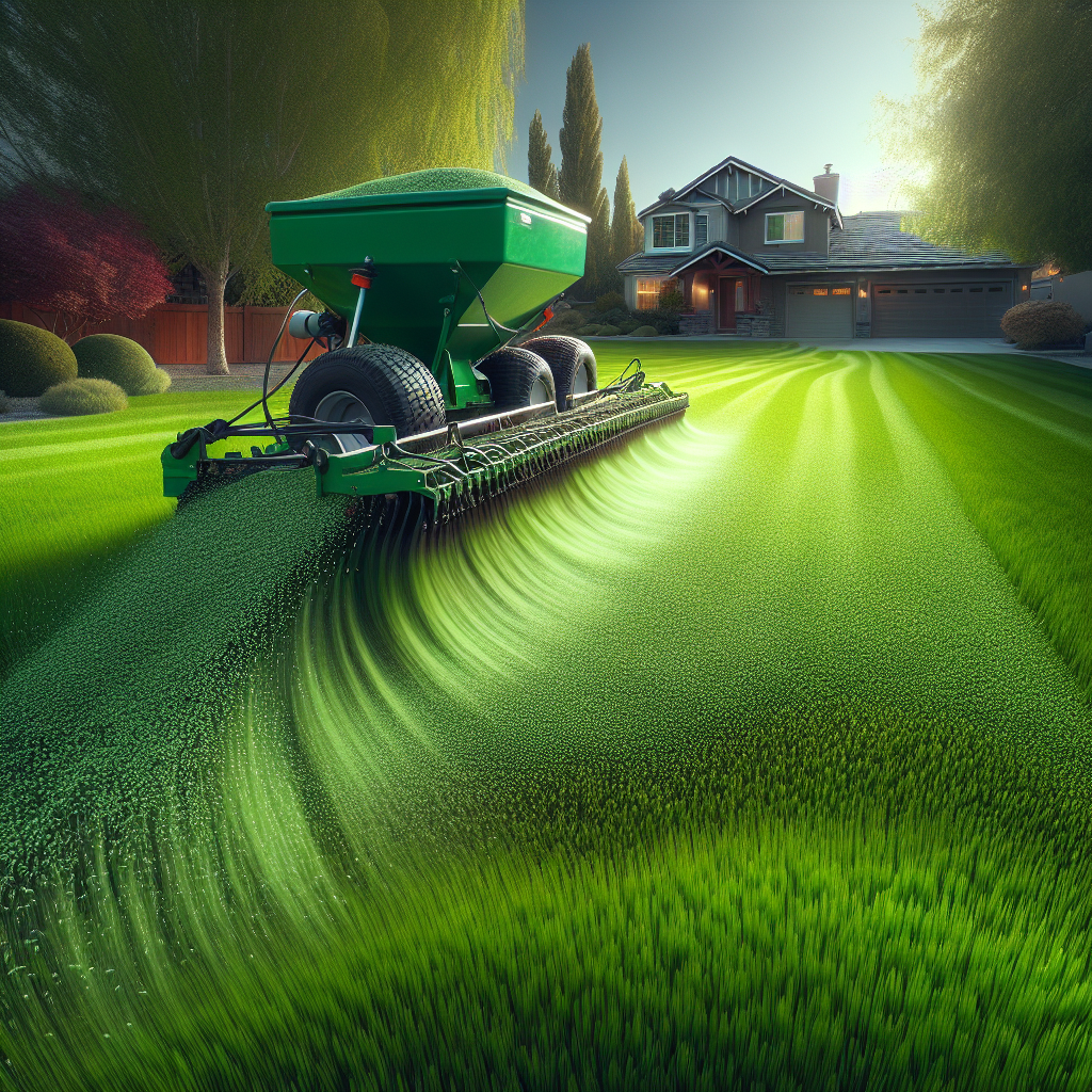 A realistic image of a green lawn being overseeded in Boise, Idaho.