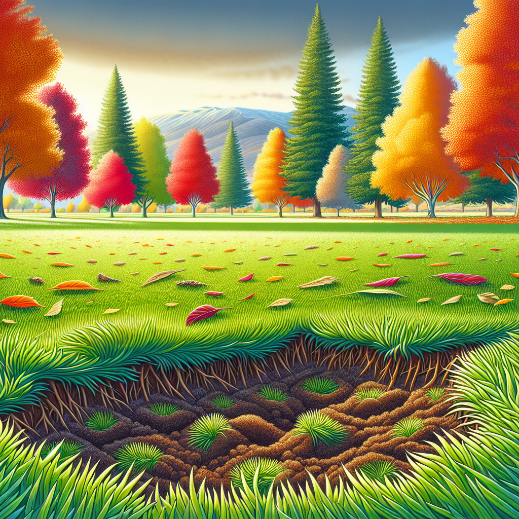 A vibrant autumn lawn in Eagle, Idaho displaying soil aeration against a backdrop of colorful fall foliage.