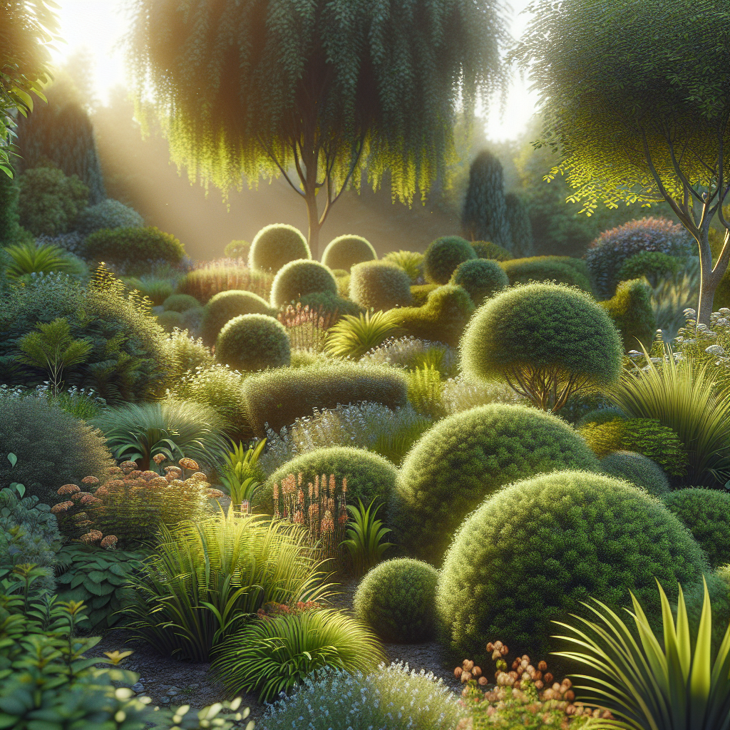 A realistic image of a well-maintained garden with expertly trimmed shrubs and vibrant plants, under warm sunlight in Eagle, Idaho.