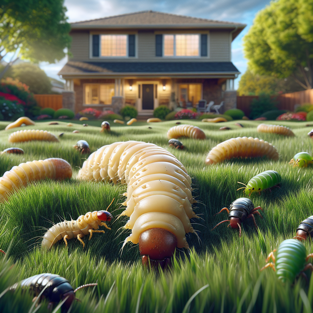 Realistic depiction of Boise lawn pests including grubs, chinch bugs, and sod webworms on green grass.