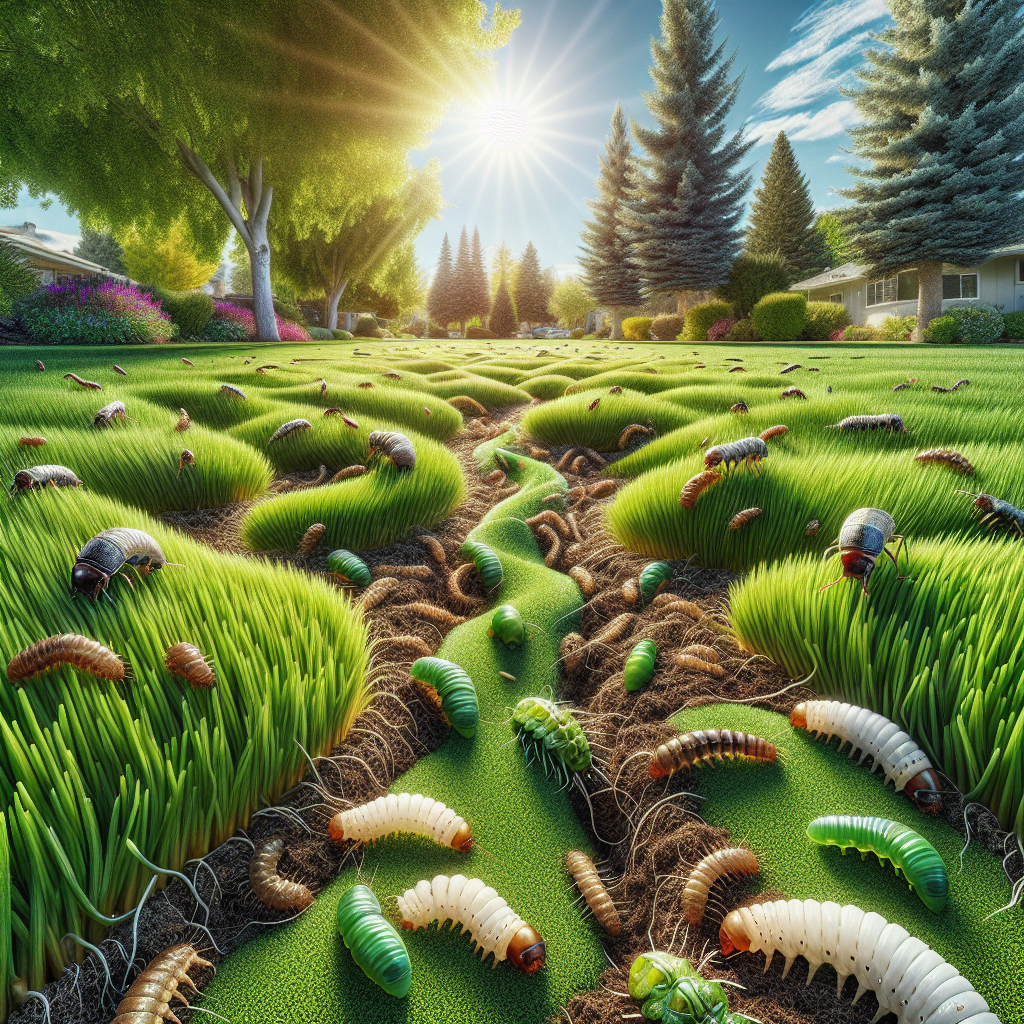 A realistic depiction of a Boise lawn with common pests like grubs, chinch bugs, and sod webworms.