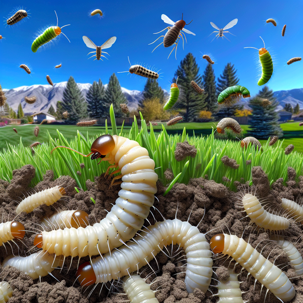 Realistic image of lawn pests in Boise including grubs, chinch bugs, and sod webworms on a lawn.