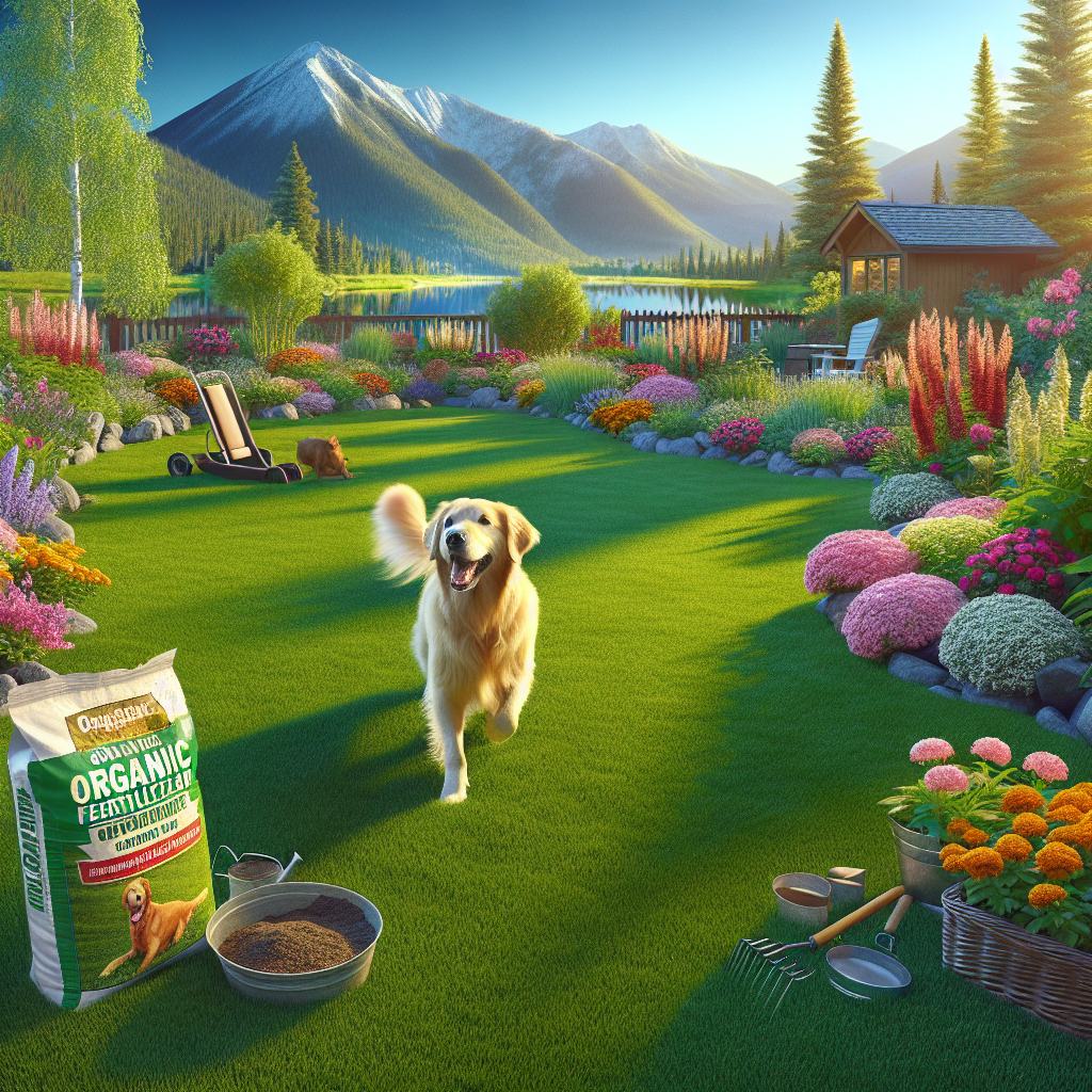 A pet-friendly lawn with a golden retriever, vibrant flowers, and garden tools in Eagle, Idaho.