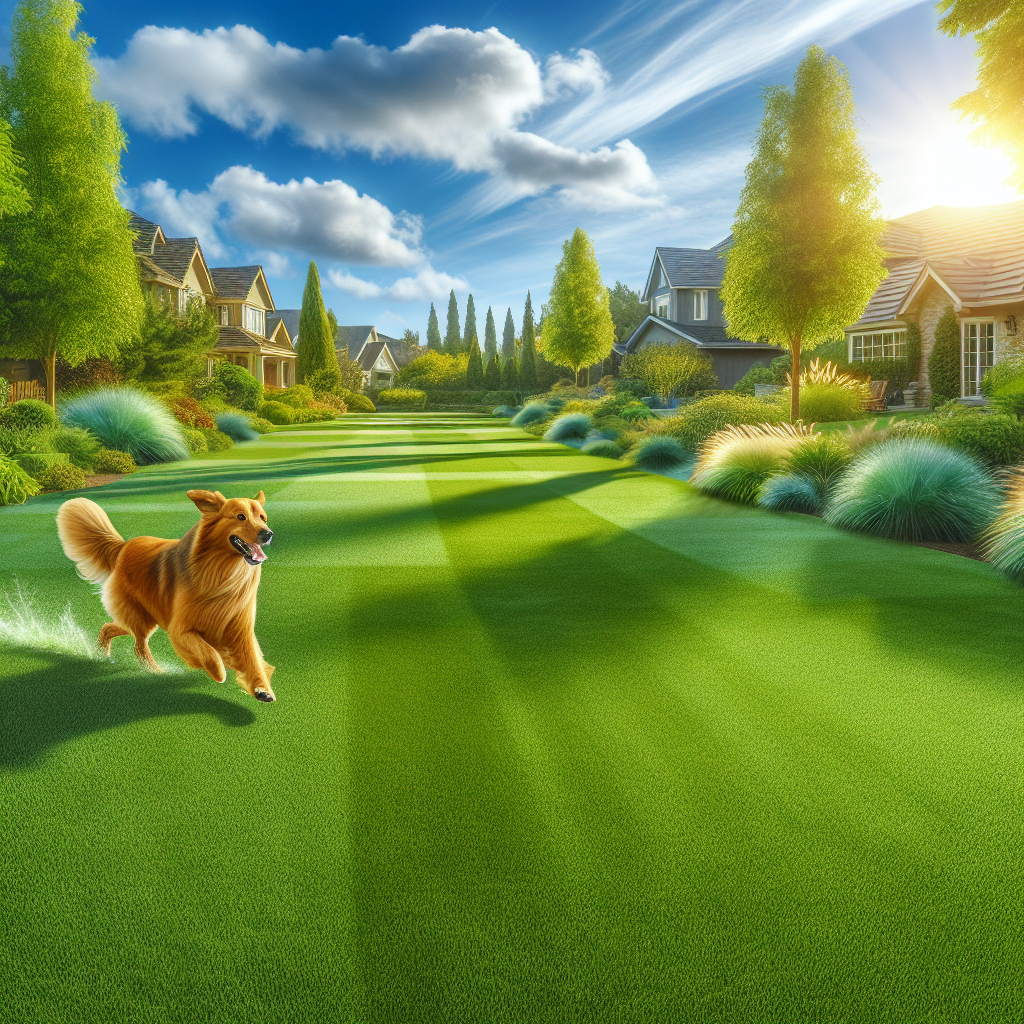 Pet-friendly lush green lawn in Eagle, Idaho with a playful golden dog.