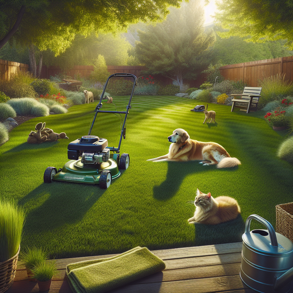 A pet-friendly lawn with a golden retriever and cat, lush grass, and organic lawn care tools.