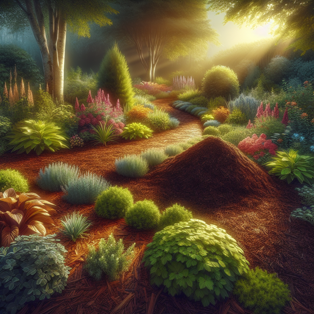 Realistic garden landscape with mulch installation.