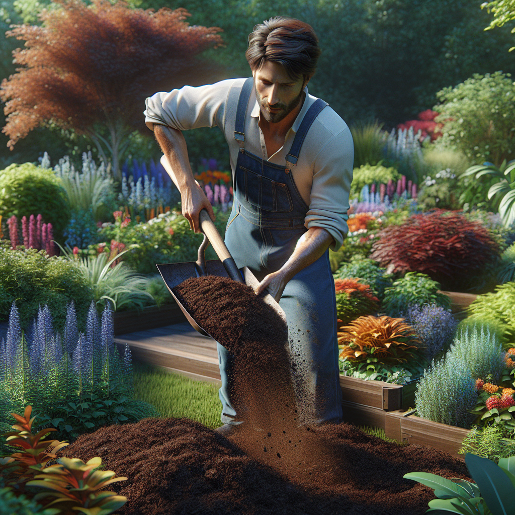 A gardener installing mulch in a vibrant, sunlit garden.