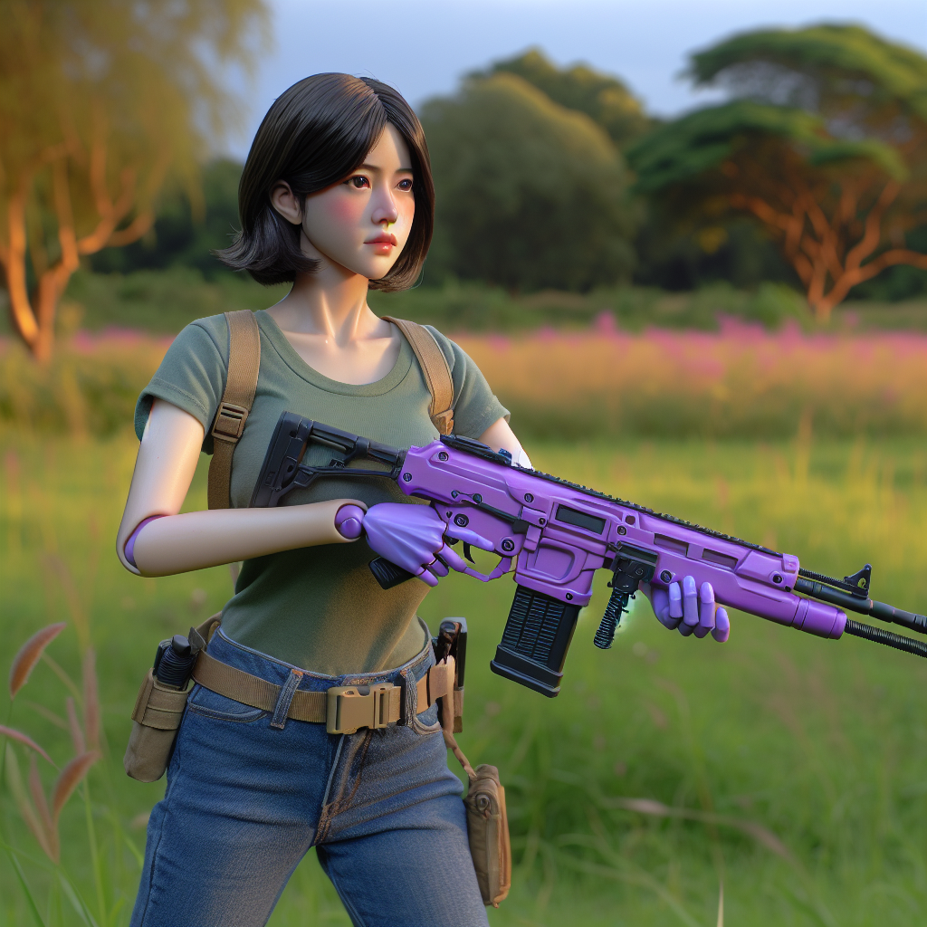 A person holding a purple gel blaster, ready for action in an outdoor setting.