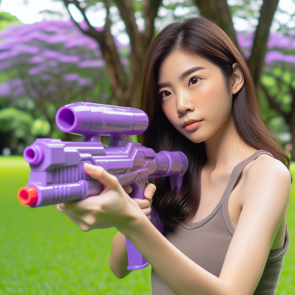 Person poised for action with a purple gel blaster in a playful outdoor setting.