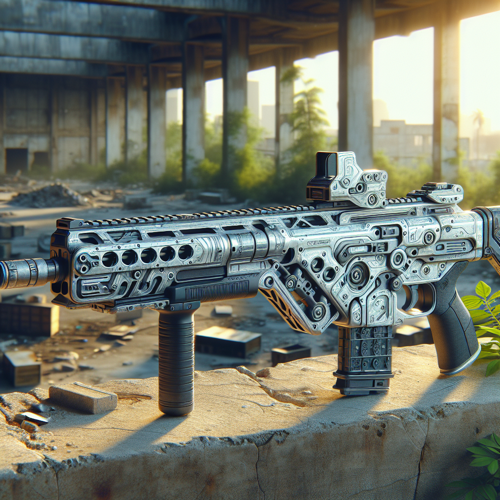 A realistic image of a sniper gel blaster in an abandoned urban setting, mirroring the design and details of the reference image.