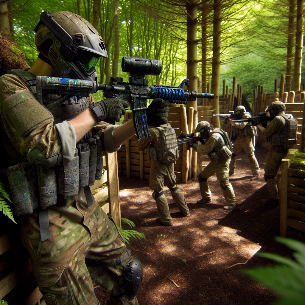 A photo-realistic interpretation of a gel blaster game environment with participants in action.