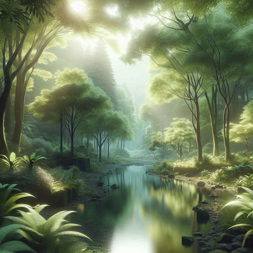 A serene and realistic natural outdoor environment with lush greenery and sunlight filtering through the trees.