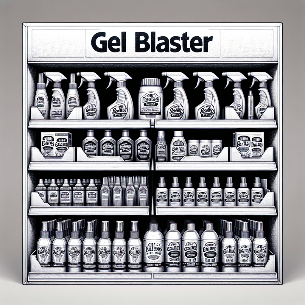 A detailed and realistic image of gel blasters displayed on retail store shelves.