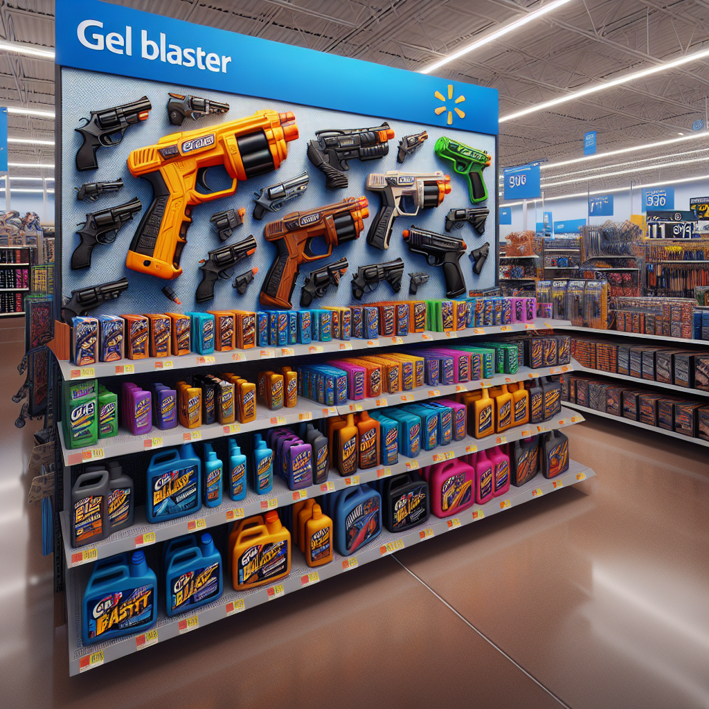 Realistic image of gel blasters display in a retail store.