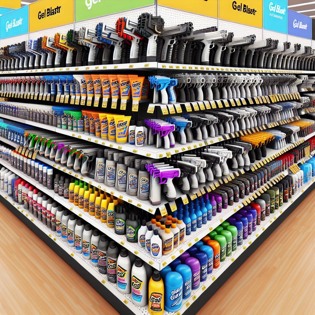 A display of gel blasters on a store shelf at Walmart.