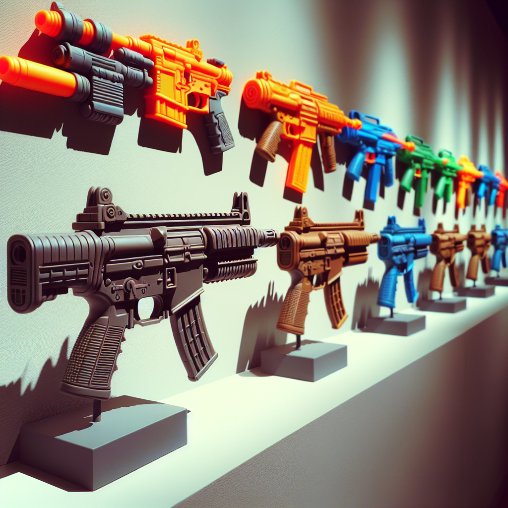 An array of gel blaster guns on a wall with detailed focus on the nearest one.