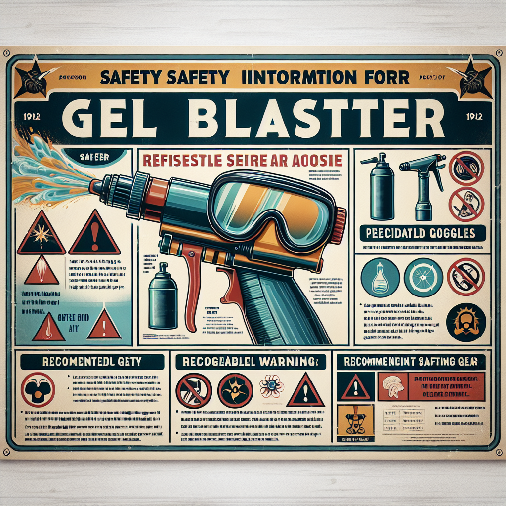Safety information poster for gel blasters resembling the example provided in the link, with realistic graphics of safety gear and precautions.