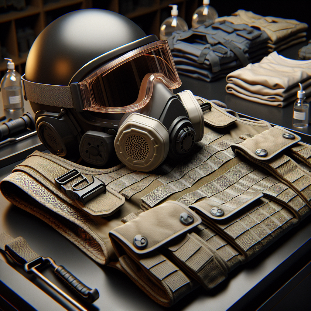 Safety equipment for gel blasters including a helmet, goggles, and vest in a realistic safety briefing area.