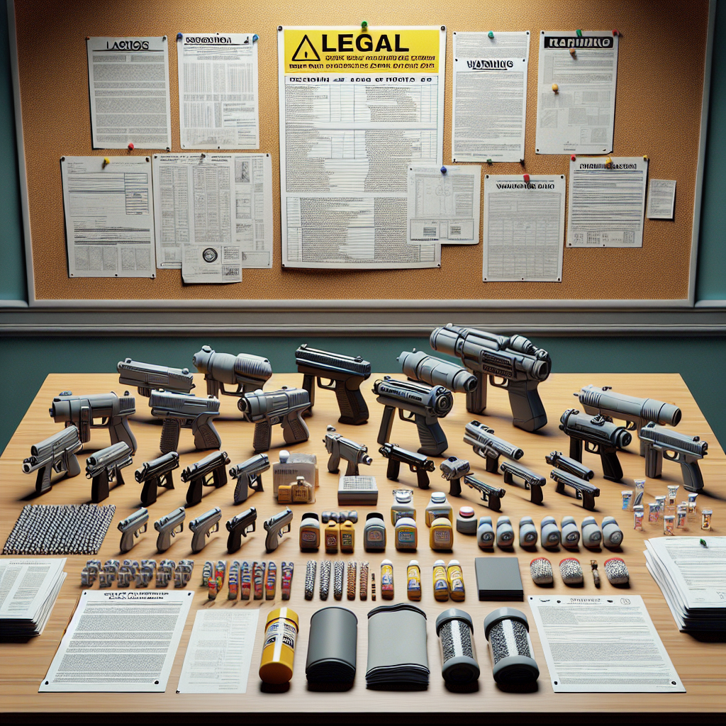 Realistic image displaying various gel blasters with a legal disclaimer in the background.
