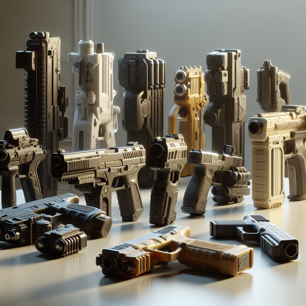 A variety of gel blasters displayed on a table in realistic detail.