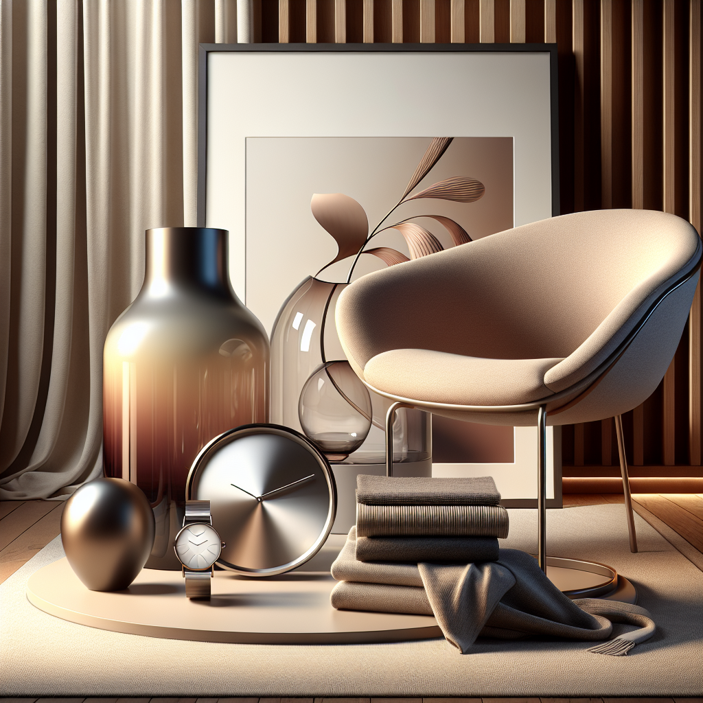 An elegant arrangement of design products including a sleek vase, an ergonomic chair, a minimalist timepiece, and luxurious textiles in a sophisticated living room setting.