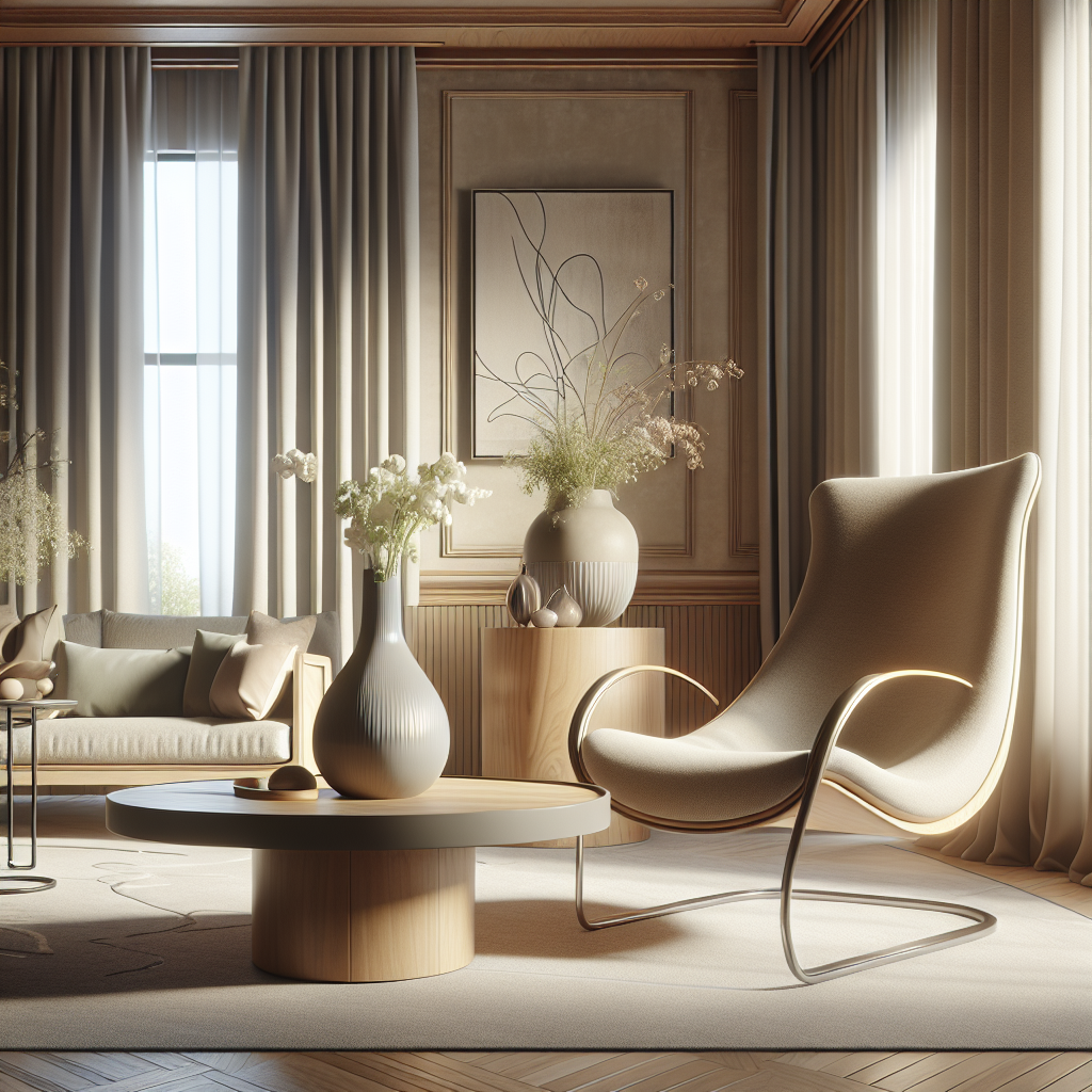 Elegant living room with sophisticated design products, including a sleek vase and an ergonomic chair, in a realistic image with no text or faces.