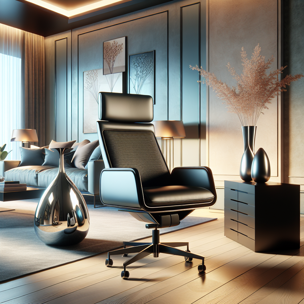 A sleek glass vase and a modern ergonomic black leather office chair in a luxurious, well-designed living room with ambient lighting.