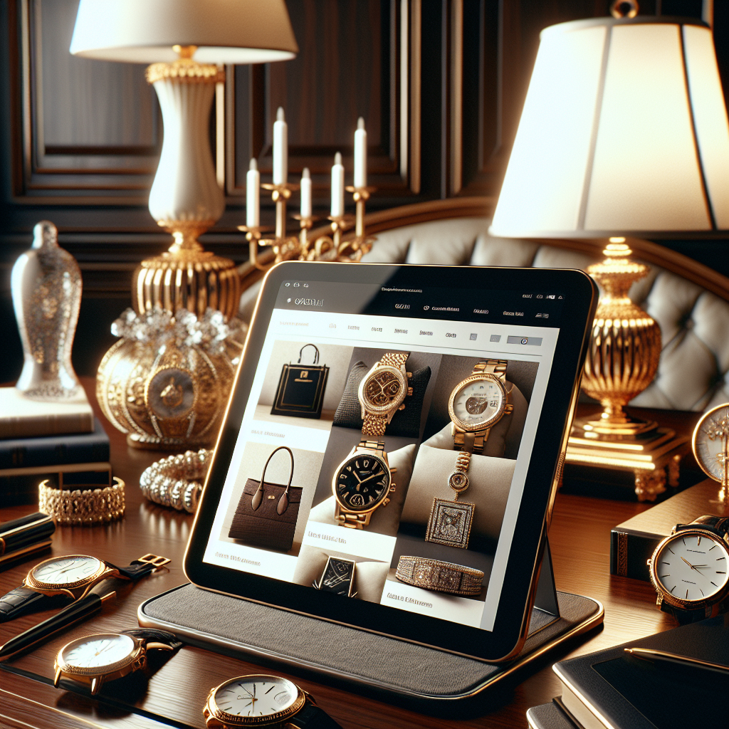 A digital tablet on a polished wood desk displaying luxury products with opulent home decor in the background, embodying an upscale shopping experience.