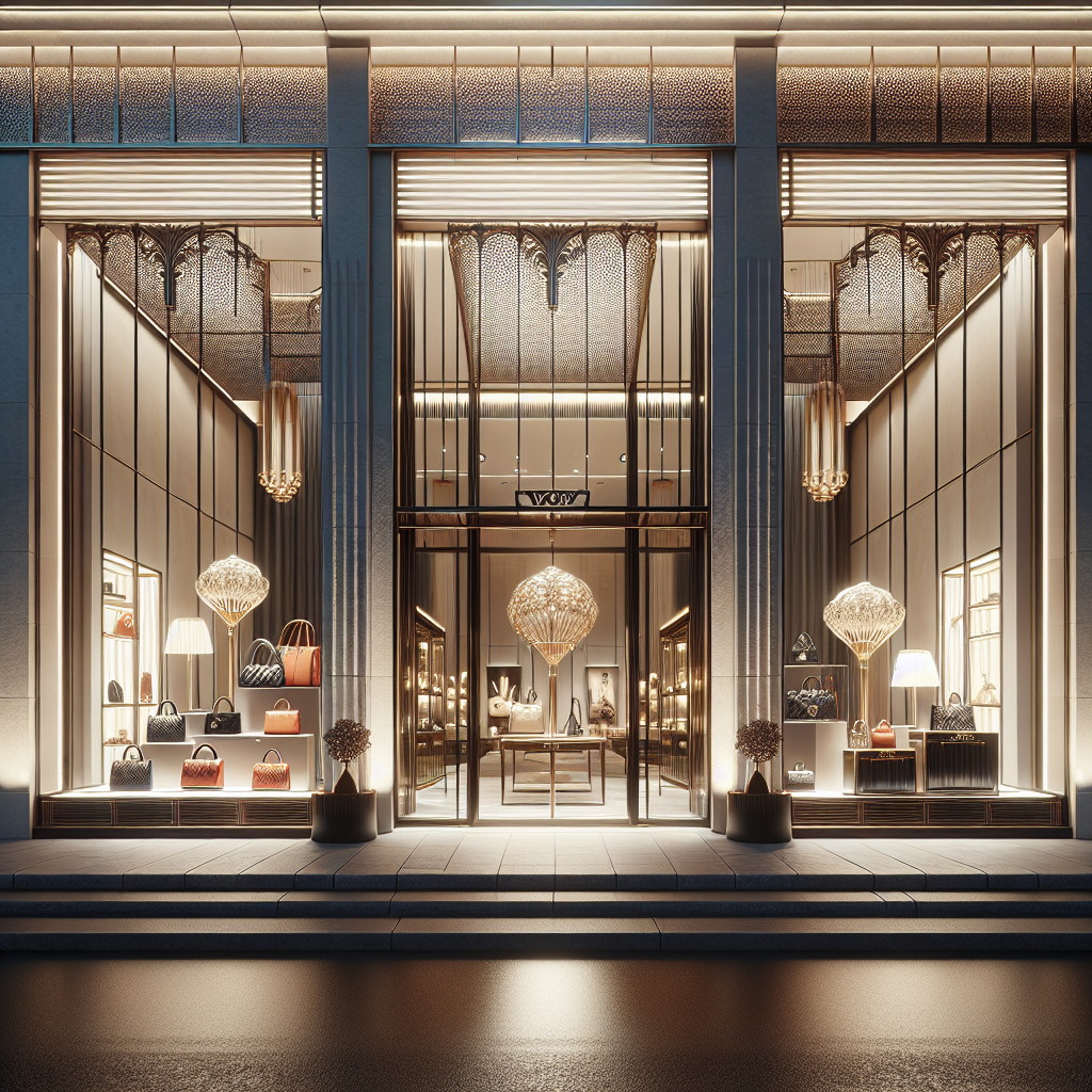 Modern, elegant storefront display showcasing a selection of luxury items such as designer bags, jewelry, and sophisticated home decor, embodying an opulent online shopping experience.