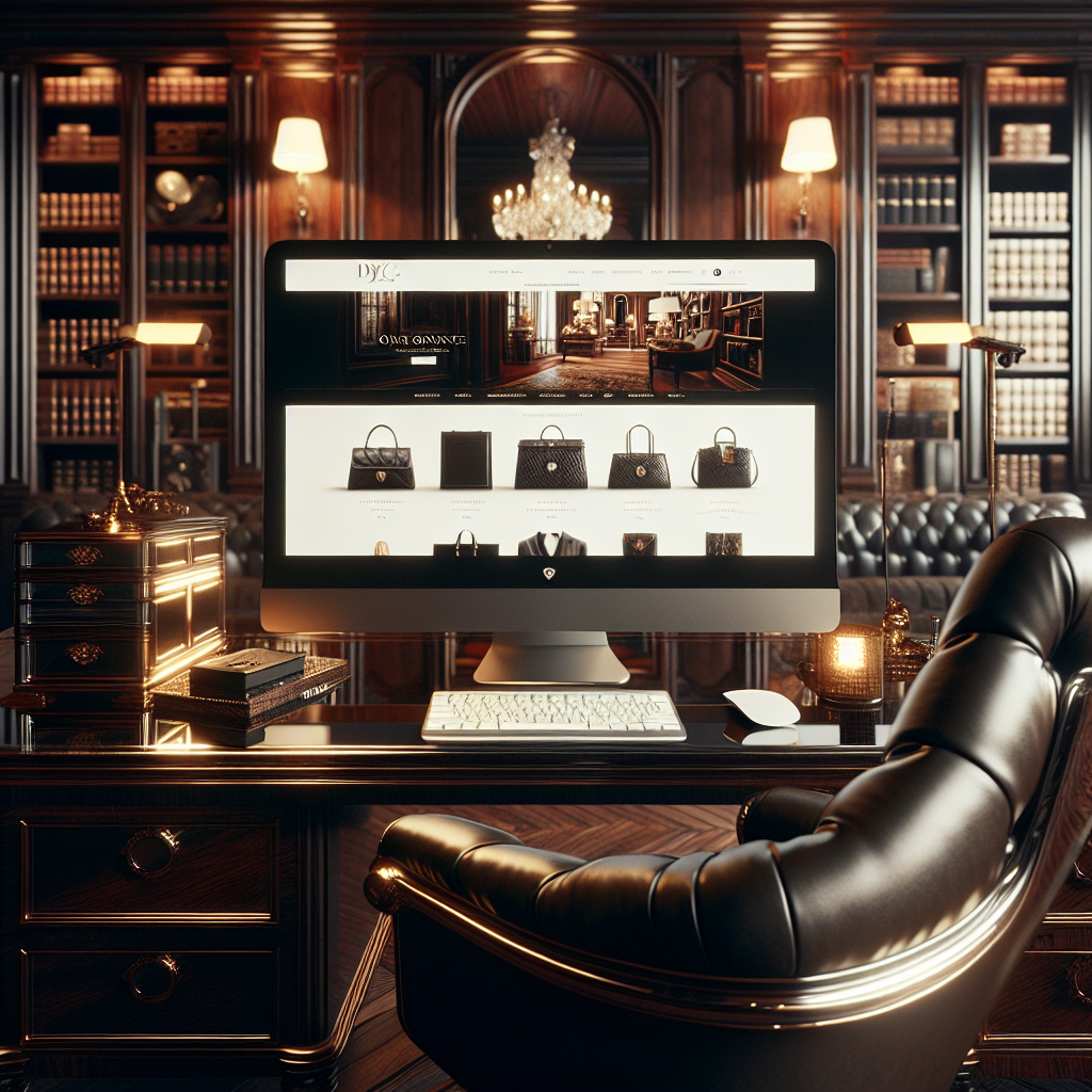 A luxurious home office with a computer screen displaying an elegant online fashion boutique page.