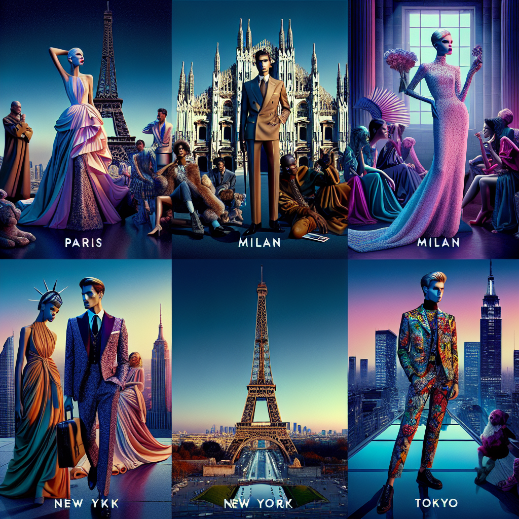 A collage of Paris, Milan, New York, and Tokyo fashion capitals with iconic landmarks and themed models.