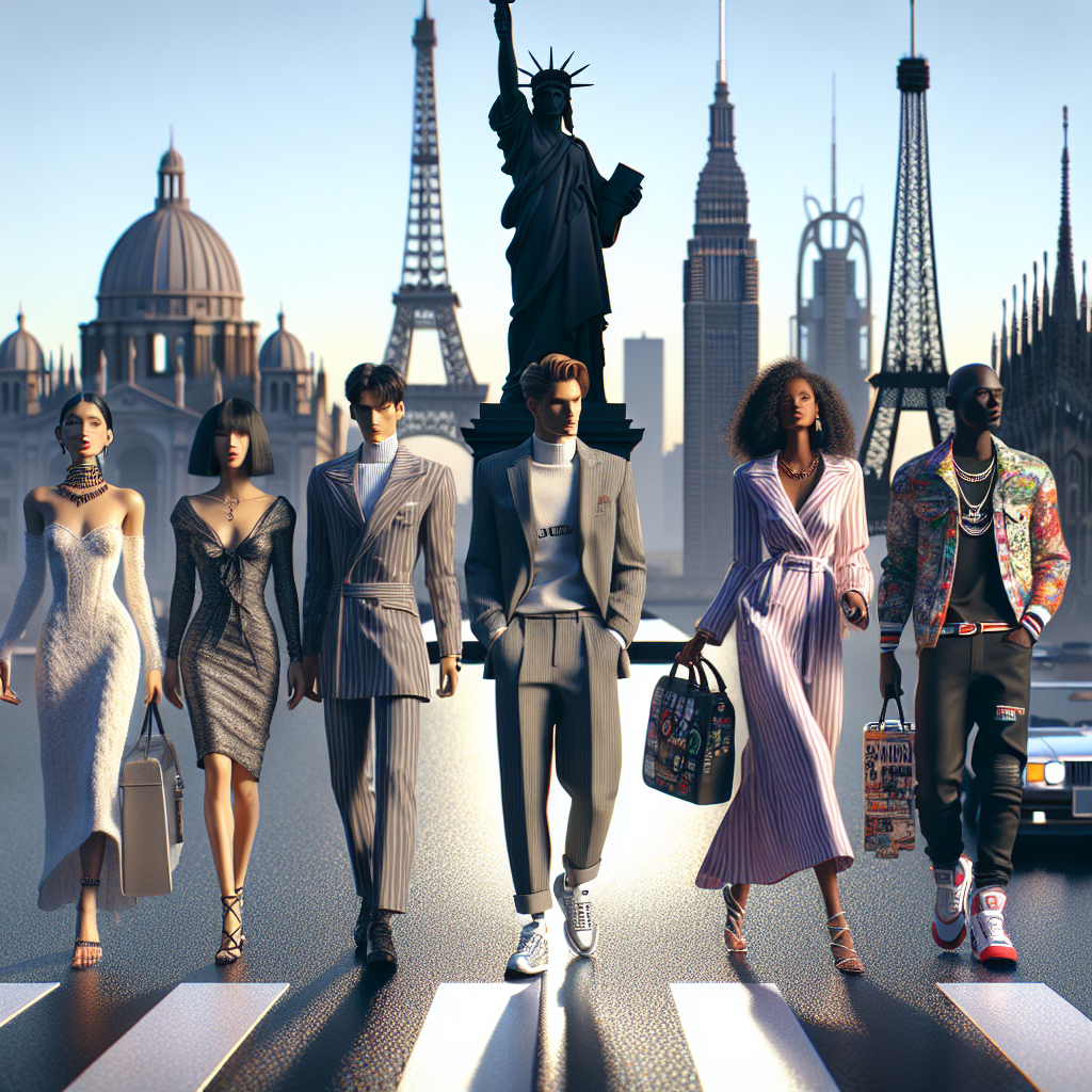 Image collage of Paris, Milan, New York, and Tokyo fashion hubs with iconic landmarks and representative fashion styles.