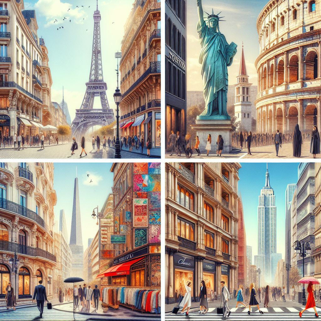 Montage of Paris, Milan, New York, and Tokyo's fashion districts with landmarks and diverse street styles.