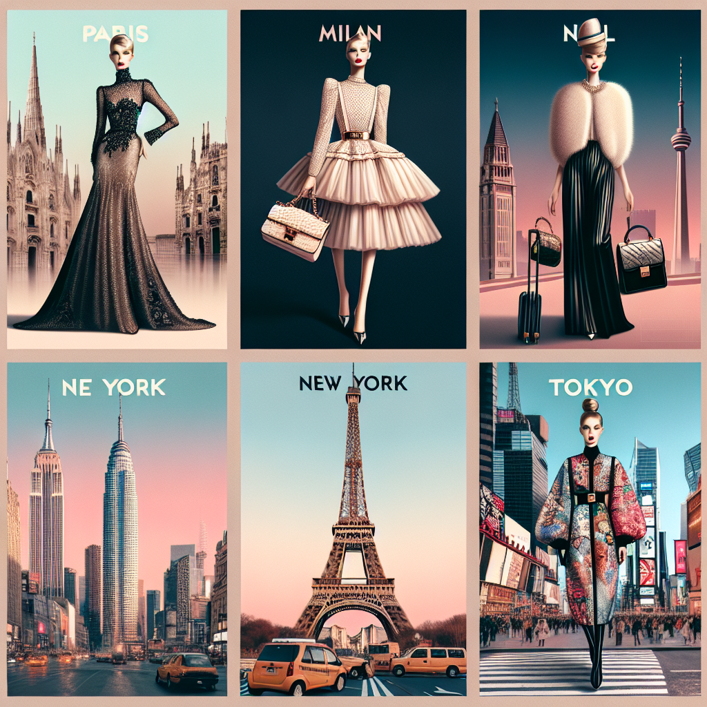 Collage of Paris, Milan, New York, and Tokyo fashion elements including iconic city landmarks.