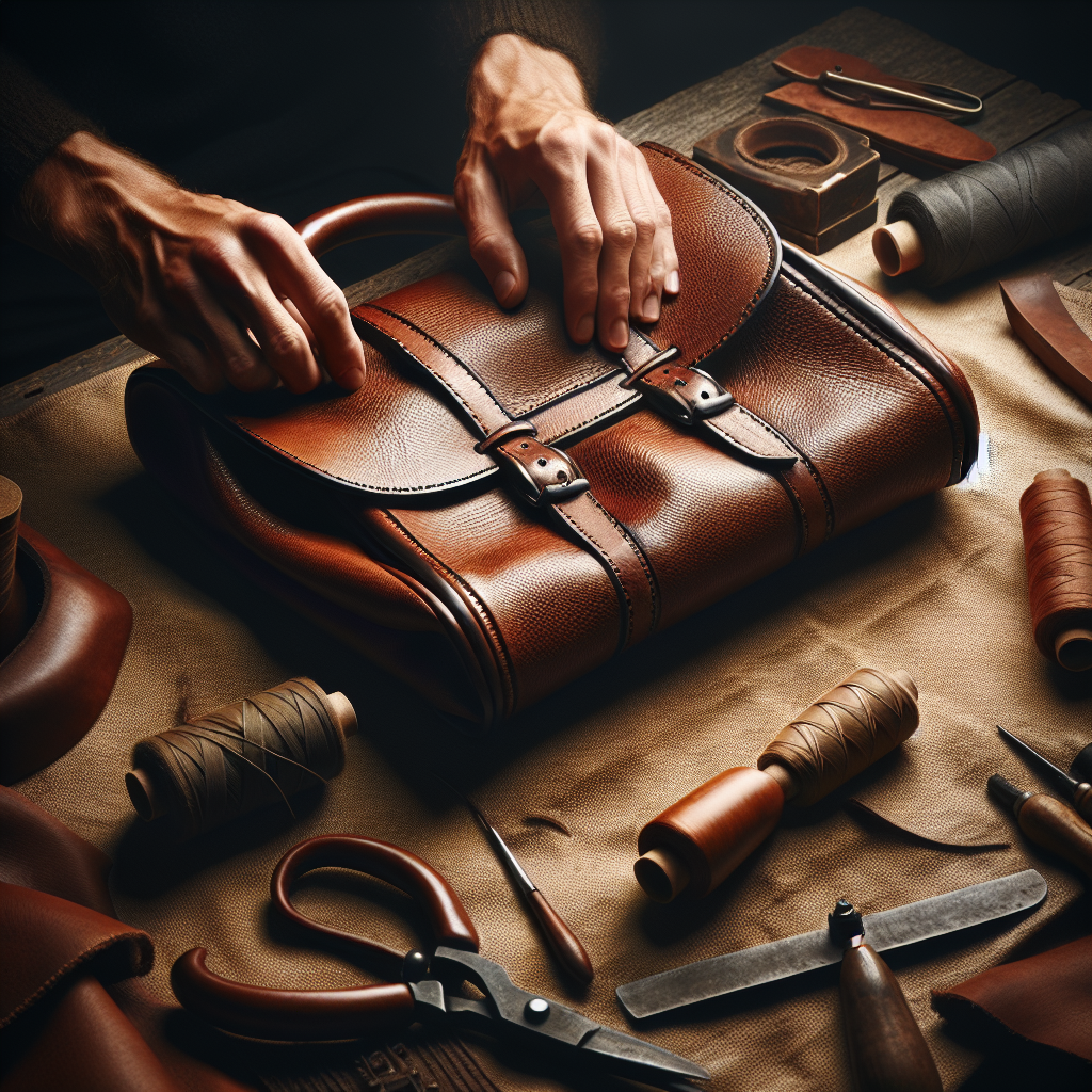 Artisan hands crafting a durable and elegant leather bag in a naturally lit workspace, emphasizing quality and craftsmanship.