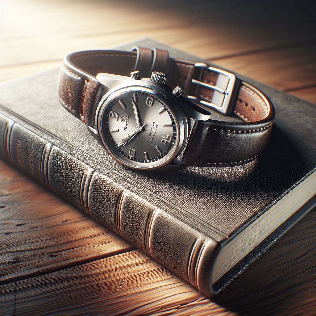 A silver wristwatch with a leather strap next to a stitched, hardcover book on a wooden table in warm lighting.