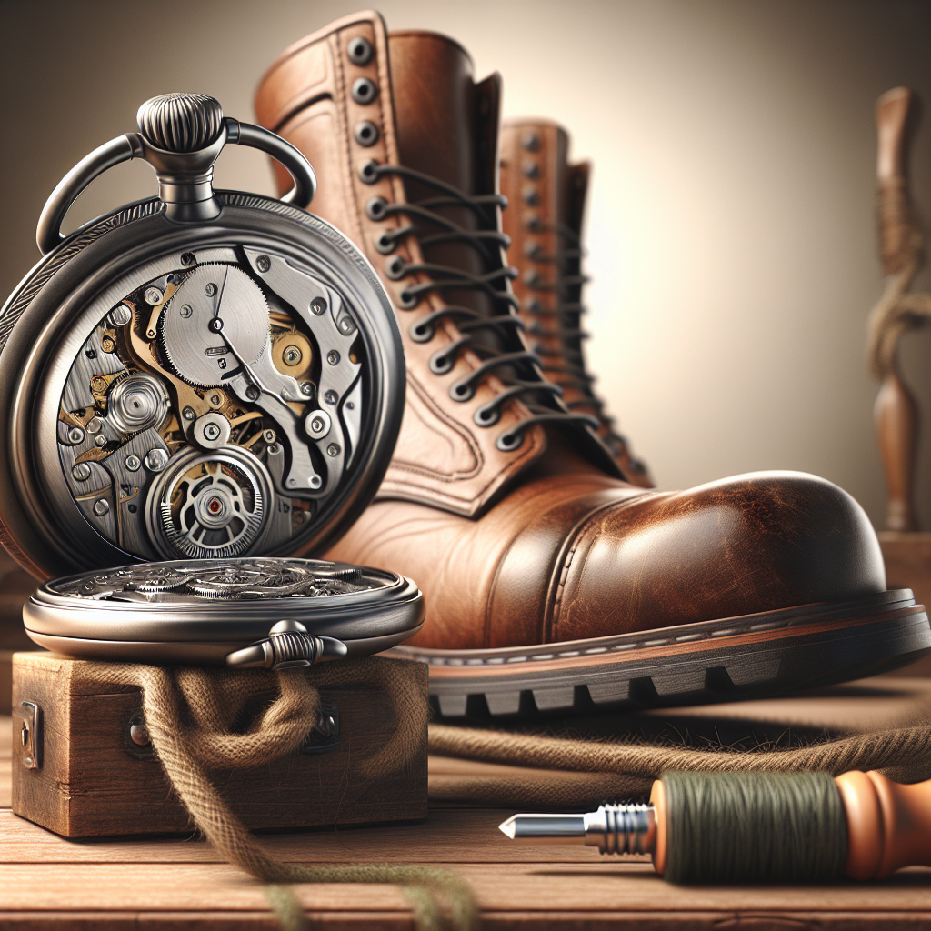 A detailed, realistic image of a metallic pocket watch and a rugged leather boot on a wooden table, portraying the themes of quality and durability.