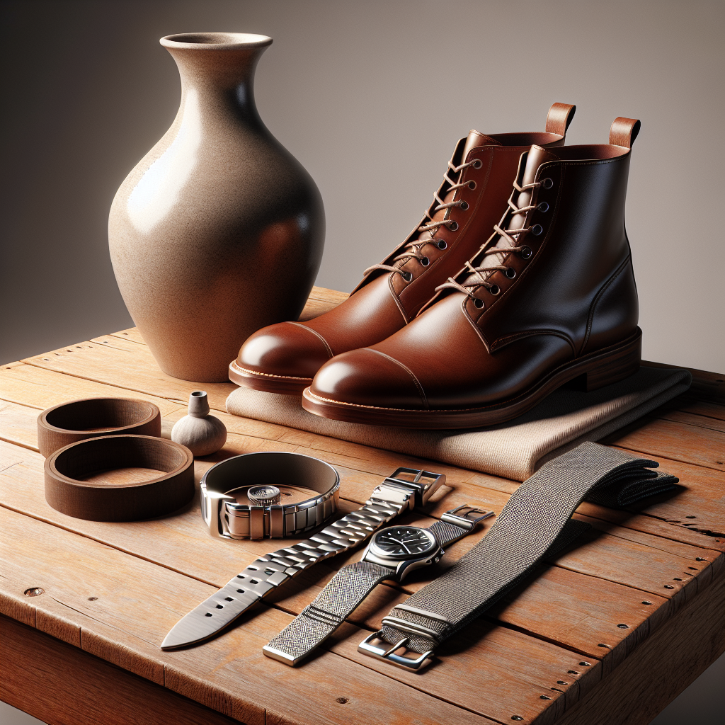 A wooden table with a ceramic vase, leather boots, and a stainless steel watch, representing durability and quality.