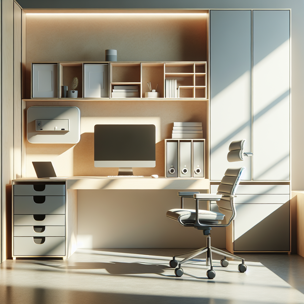 Modern minimalist workspace with ergonomic furniture and sleek, functional tech gadgets, brightly lit by natural light.