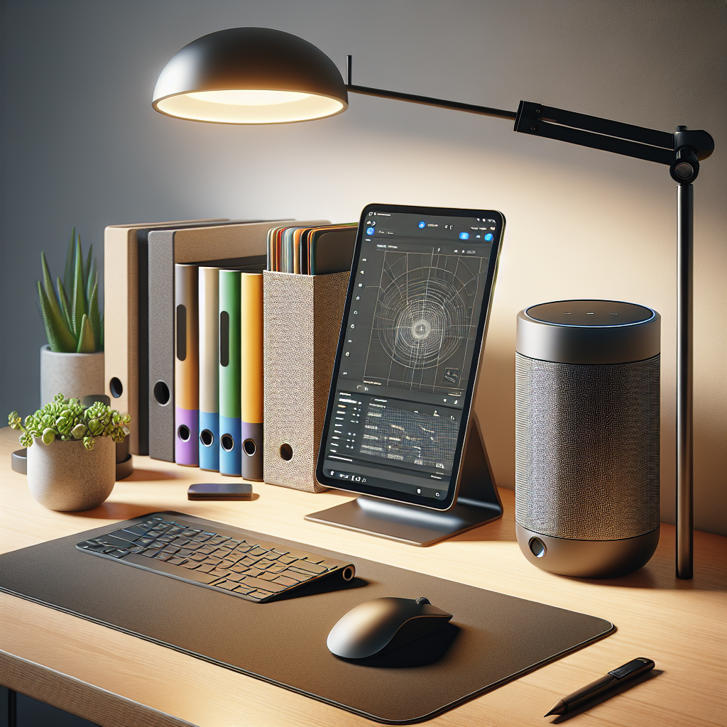 Modern desk with smart speaker, ergonomic mouse, vertical storage folder, desk lamp, and digital tablet displaying blueprint, emphasizing design and functionality.