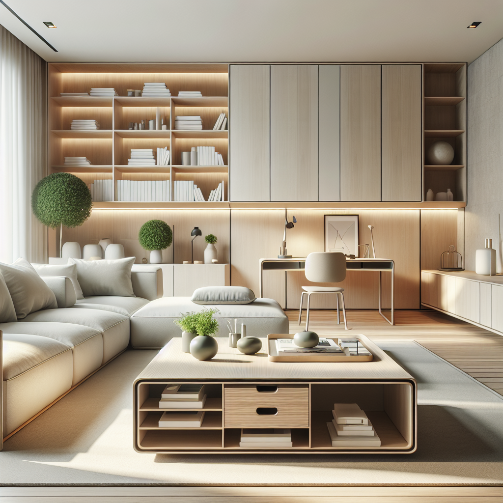 Modern living room with minimalist furniture and multifunctional designs, emphasizing functionality and style.