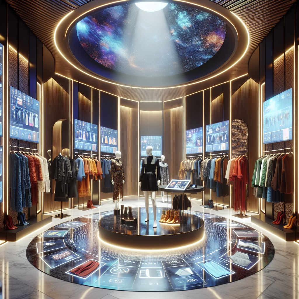 An elegant and future-forward virtual fitting room with interactive screens displaying an array of fashionable clothing and accessories in a realistic modern setting.