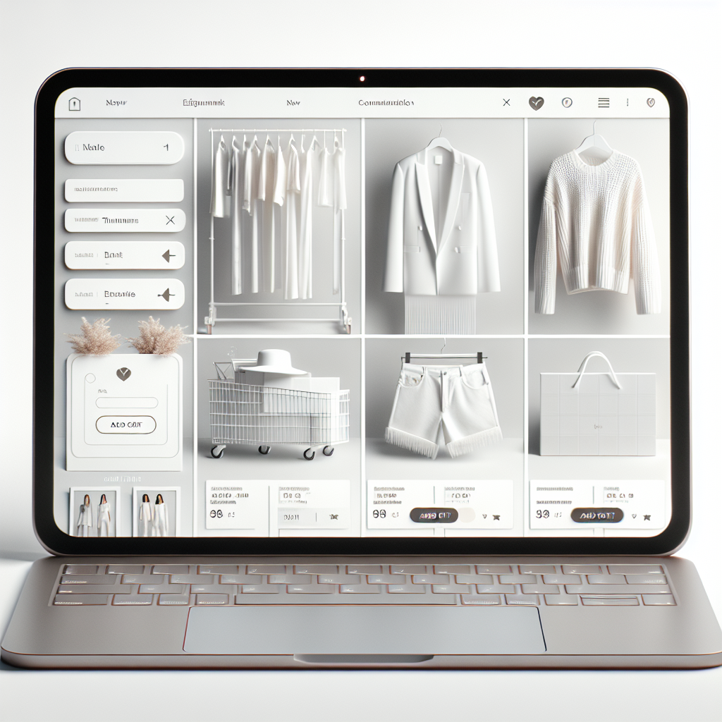 Realistic rendering of a user interface for an online fashion store with a contemporary design.